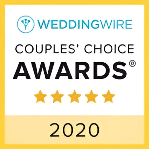 WeddingWire Couples' Choice Awards 2020 with five gold stars on a yellow and white background.